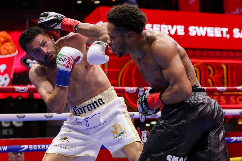Devin Haney landing a punch on Jose Ramirez during a boxing match.