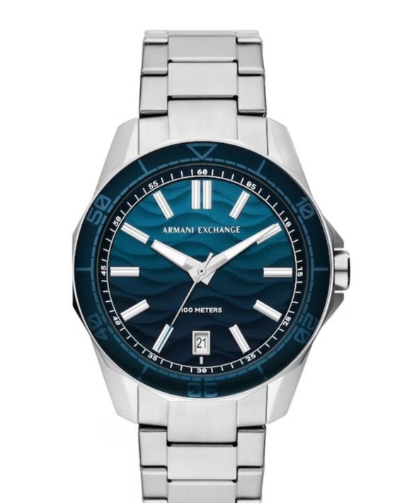 Armani Exchange men's watch with blue face and silver band.