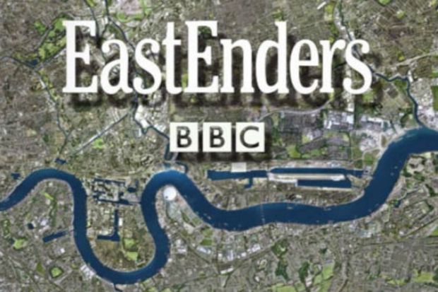 An image collage containing 1 images, Image 1 shows EastEnders BBC logo over a map of London