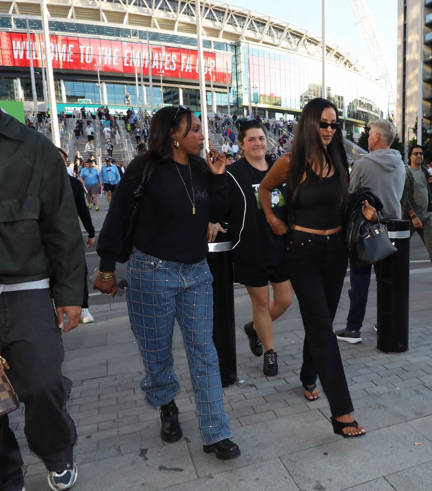 Maya Jama and friends leaving Wembley Stadium after a soccer match.
