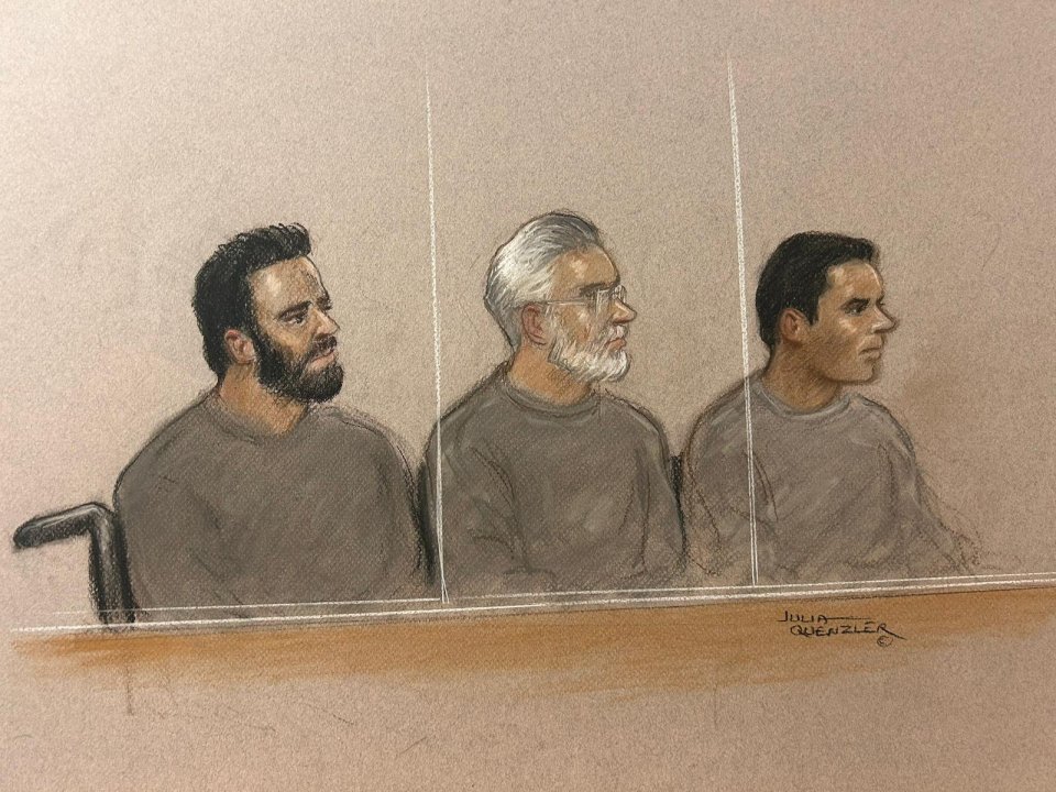 Illustration of three men in court.