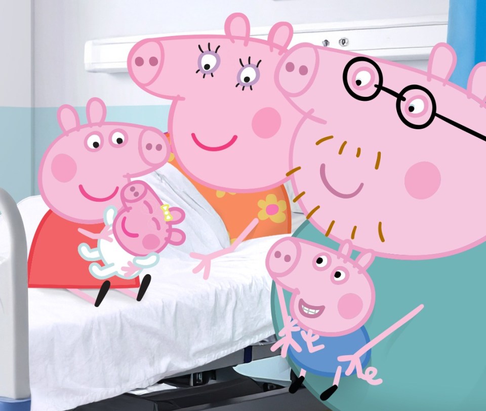 Illustration of the Peppa Pig family welcoming their new baby.