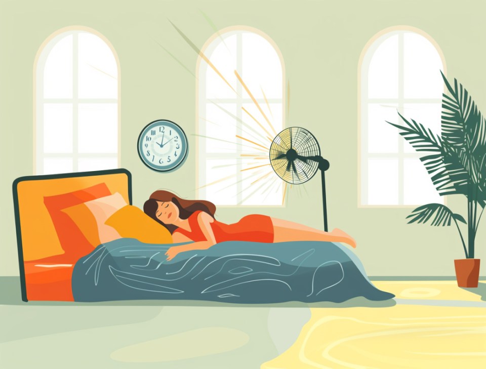 Illustration of a woman sleeping in a bed in a sunny room with a fan.