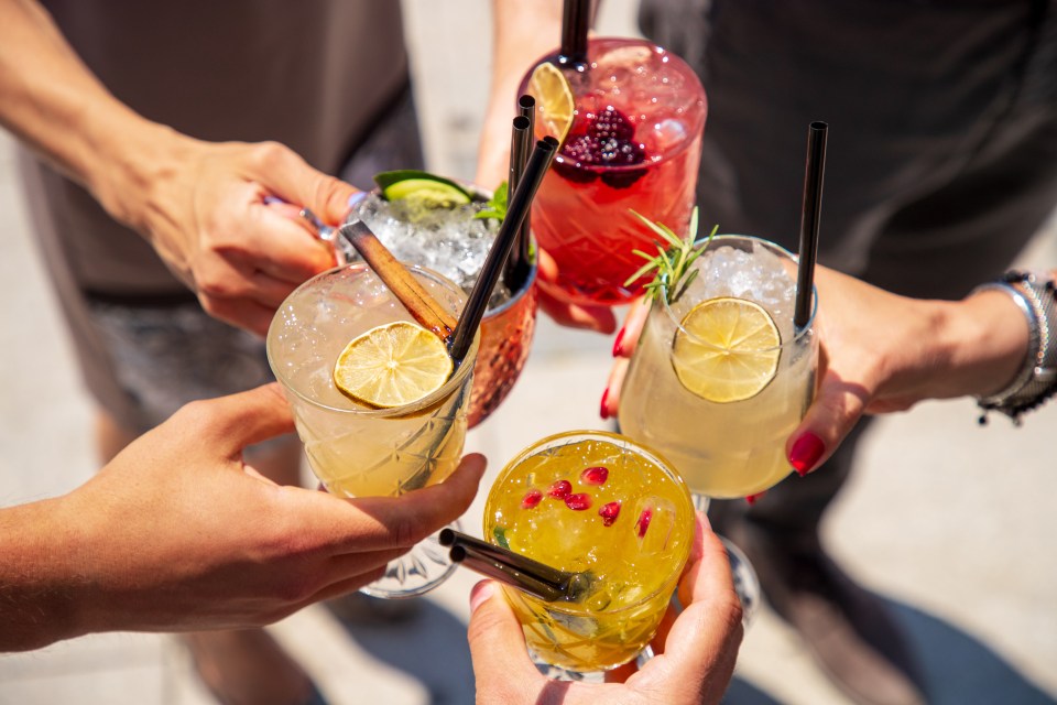 Five people toasting with exotic cocktails.