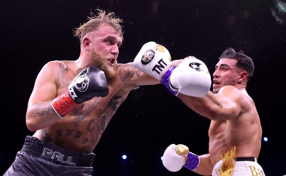RIYADH, SAUDI ARABIA - FEBRUARY 26: Tommy Fury punches Jake Paul during the Cruiserweight Title fight between Jake Paul and Tommy Fury at the Diriyah Arena on February 26, 2023 in RIYADH, Saudi Arabia. (Photo by Francois Nel/Getty Images)