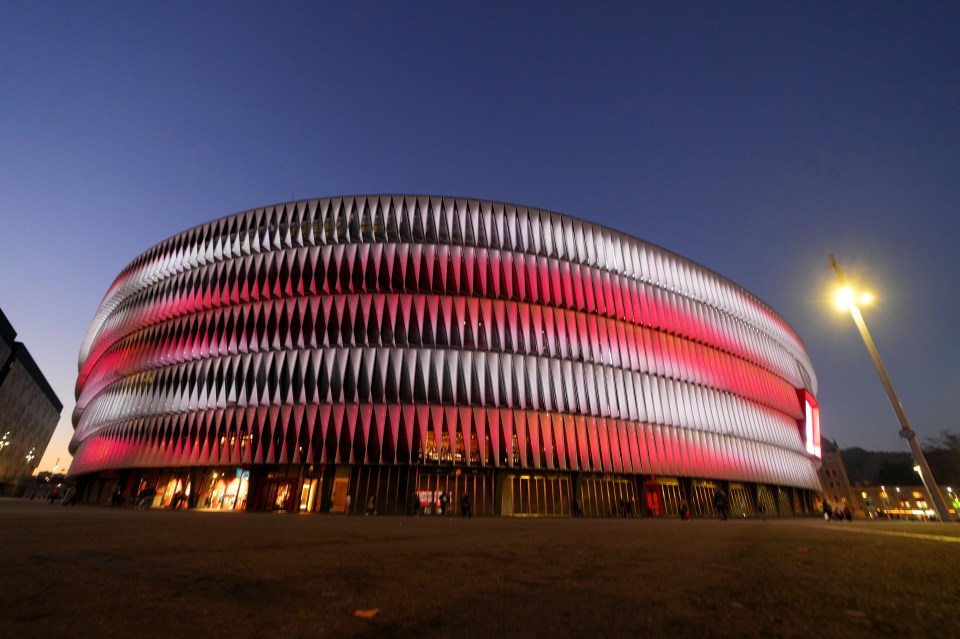 San Mames Stadium in Bilbao, Spain at night.