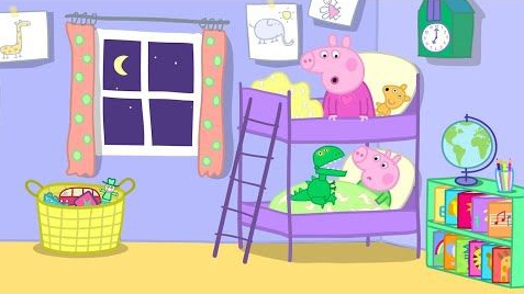 Peppa and George Pig sharing a bunk bed at night.