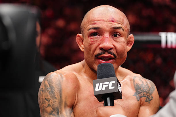 MONTREAL, QUEBEC - MAY 10: Jose Aldo of Brazil reacts after a decision loss against Aiemann Zahabi of Canada in a featherweight bout during the UFC 315 event at Bell Centre on May 10, 2025 in Montreal, Quebec. (Photo by Chris Unger/Zuffa LLC)
