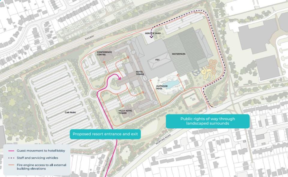 Illustration of Great Wolf waterpark resort layout.