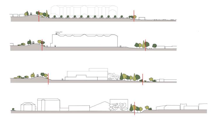 Illustration of four landscape cross-sections showing building heights and tree placement.