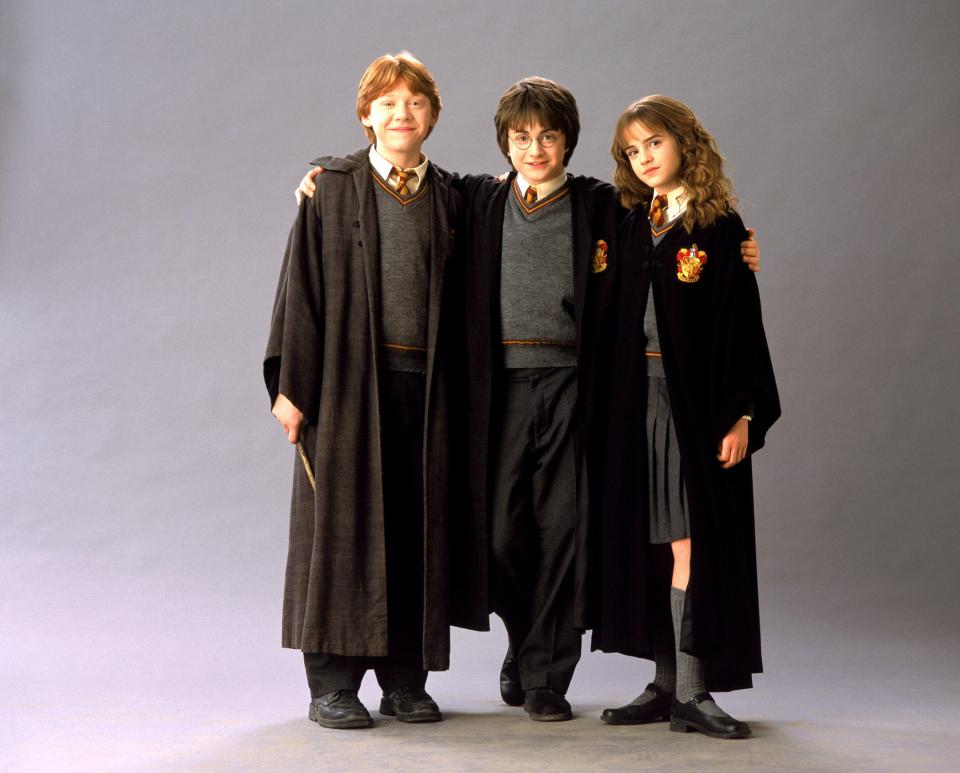 Harry Potter, Ron Weasley, and Hermione Granger in their Hogwarts robes.