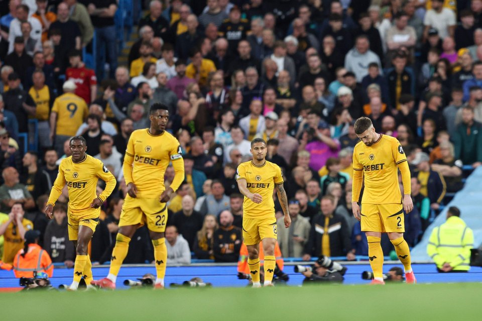 Wolverhampton Wanderers players looking dejected after a goal.