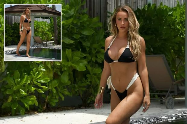 An image collage containing 2 images, Image 1 shows Millie Court in a black and white bikini by a pool, Image 2 shows Millie Court in a black and white bikini by a pool