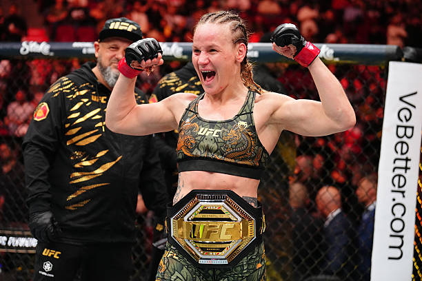 MONTREAL, QUEBEC - MAY 10: Valentina Shevchenko of Kyrgyzstan reacts after her victory against Manon Fiorot of France in the UFC flyweight championship bout during the UFC 315 event at Bell Centre on May 10, 2025 in Montreal, Quebec. (Photo by Chris Unger/Zuffa LLC)