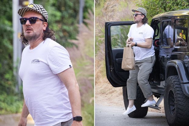 An image collage containing 2 images, Image 1 shows JC Chasez carrying a takeout bag, Image 2 shows JC Chasez getting takeout from his car