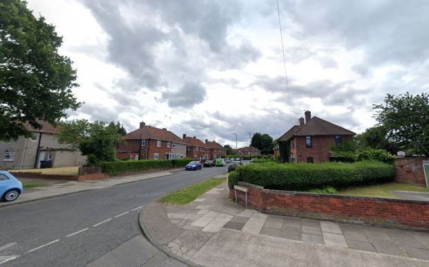 Residential street scene with houses and cars.