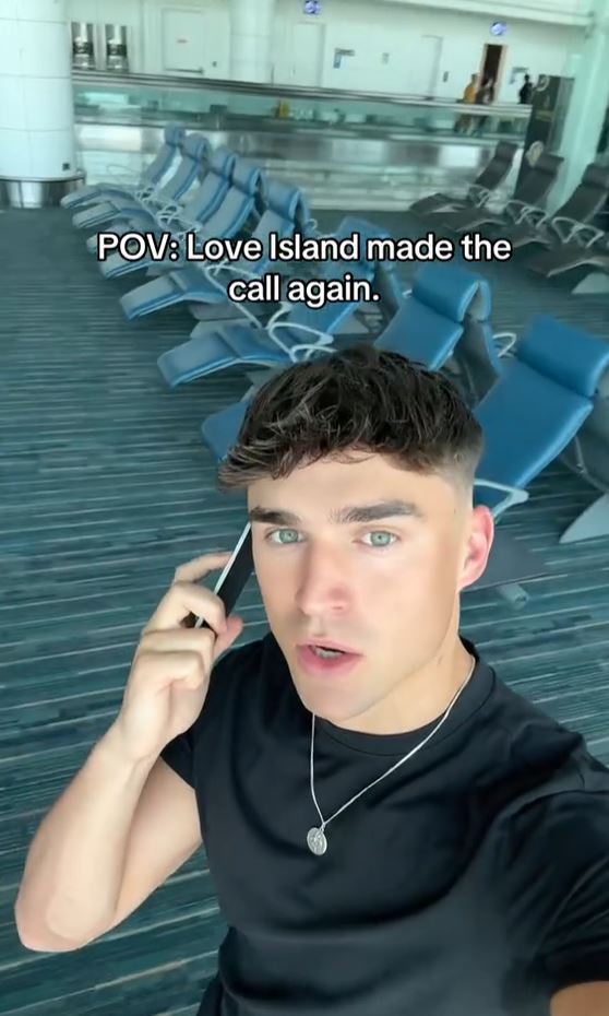 Kodie Murphy on a phone call in an airport, text overlay says "POV: Love Island made the call again."