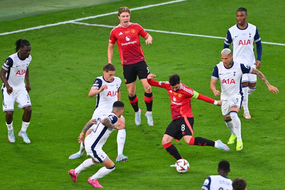 Bruno Fernandes of Manchester United attempting to score during a soccer match.