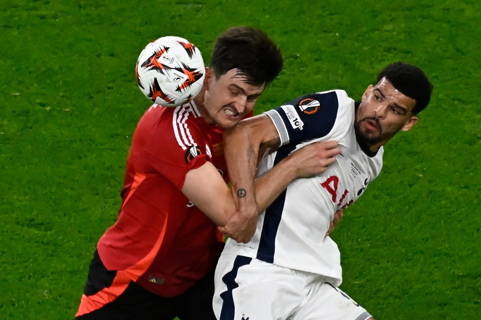 Harry Maguire and Dominic Solanke vying for the ball during a soccer match.