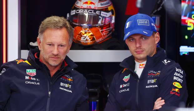 Max Verstappen and Christian Horner of Red Bull Racing.