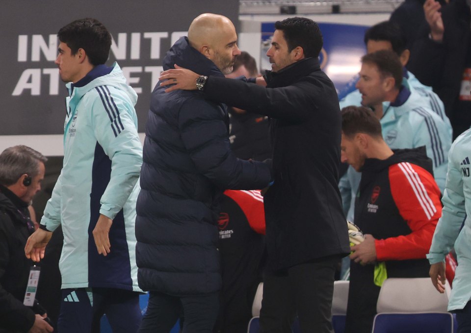 Mikel Arteta and Enzo Maresca embracing after a soccer match.