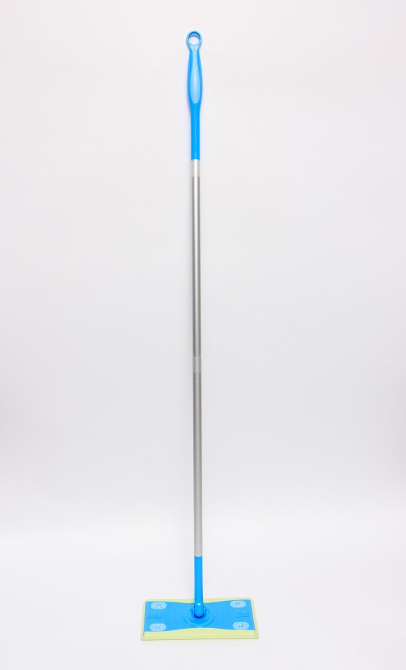 A mop with a blue handle and a light green cleaning pad.