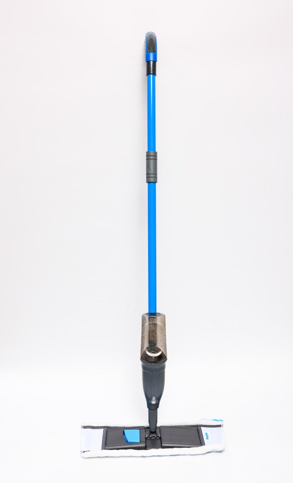 Spray mop with blue handle and white microfiber pad.