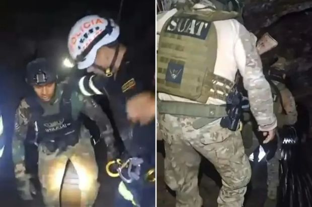 An image collage containing 2 images, Image 1 shows Security personnel assisting a person in a dark setting, Image 2 shows SWAT officers recovering bodies from a mine