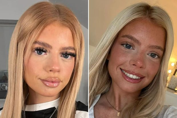 An image collage containing 2 images, Image 1 shows Woman with blonde hair and makeup, wearing a black shirt, and a necklace. Text overlay reads: "became so obsessed with looking fake", Image 2 shows Woman with blonde hair and a gray shirt; text overlay reads, "almost forgot who I was."