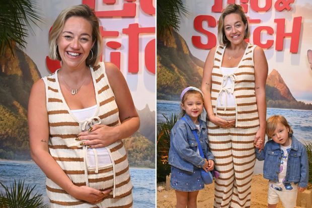 An image collage containing 2 images, Image 1 shows Kelsey Parker at the UK premiere of Lilo & Stitch, Image 2 shows Kelsey Parker with her children at the Lilo & Stitch UK special screening
