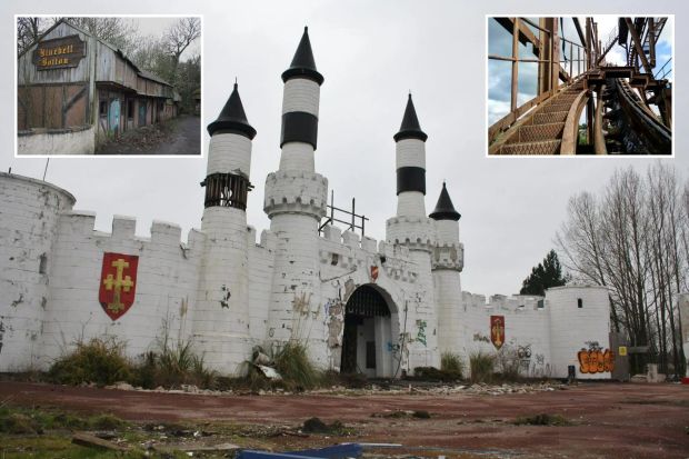 An image collage containing 3 images, Image 1 shows Graffiti-covered entrance to an abandoned Camelot-themed park, Image 2 shows Graffiti-covered abandoned building at Camelot Theme Park, Image 3 shows Rusty roller coaster tracks and stairs in an abandoned theme park