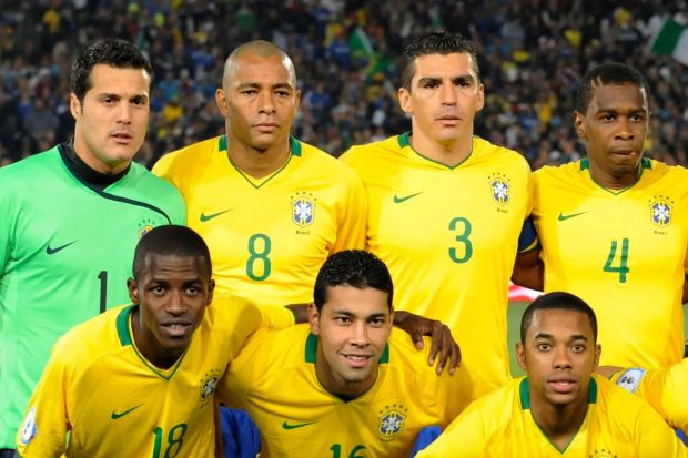 An image collage containing 1 images, Image 1 shows Brazilian soccer team group photo