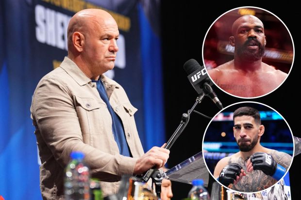 An image collage containing 3 images, Image 1 shows Dana White at a UFC press conference, Image 2 shows Jon Jones in the UFC ring, Image 3 shows Ilia Topuria at UFC 298