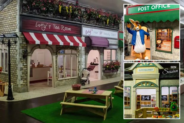 An image collage containing 3 images, Image 1 shows Indoor children's play village with shops and picnic tables, Image 2 shows Rabbit costume in a children's play village post office, Image 3 shows Illustration of a children's play village supermarket