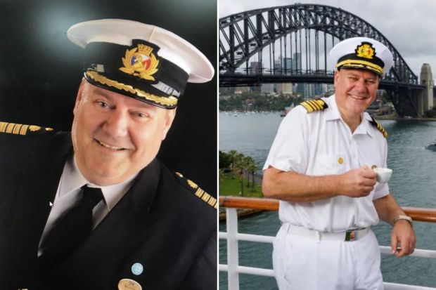 An image collage containing 2 images, Image 1 shows Portrait of Captain Michele Bartolomei in his uniform, Image 2 shows Captain holding a cup of coffee on a ship with the Sydney Harbour Bridge in the background