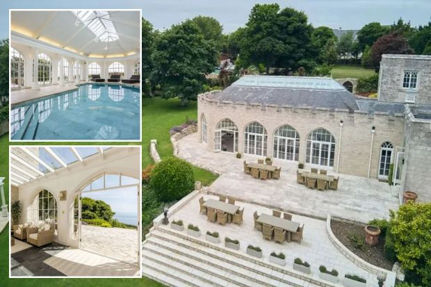 An image collage containing 3 images, Image 1 shows Aerial view of Wyatt Castle and its expansive patio and gardens, Image 2 shows Indoor pool in a large, bright room with many windows, Image 3 shows Sunlit conservatory with wicker furniture and ocean view