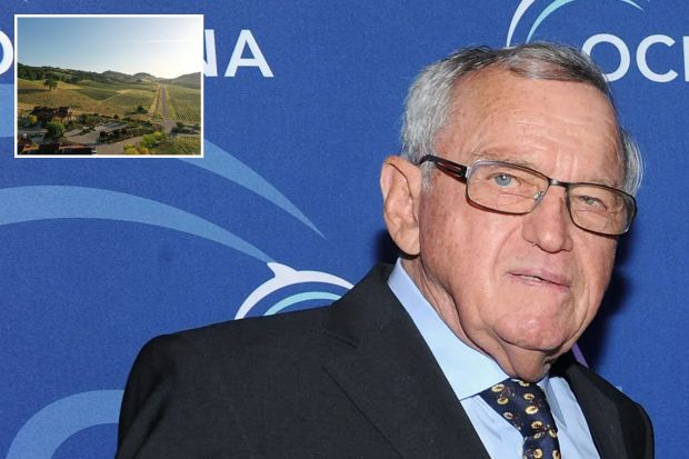 An image collage containing 2 images, Image 1 shows Hansjorg Wyss at Oceana's New York City benefit, Image 2 shows Aerial view of a winery in a vineyard