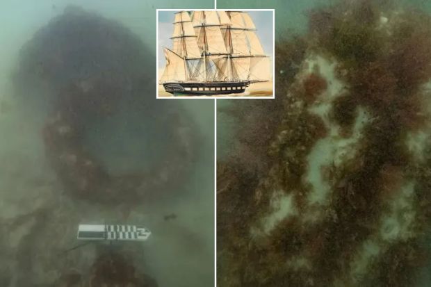 An image collage containing 3 images, Image 1 shows Underwater wreckage of the Koning Willem de Tweede, Image 2 shows Underwater wreckage of the Koning Willem de Tweede, covered in marine growth, Image 3 shows Illustration of the Koning Willem de Tweede, an 800-ton Dutch merchant ship