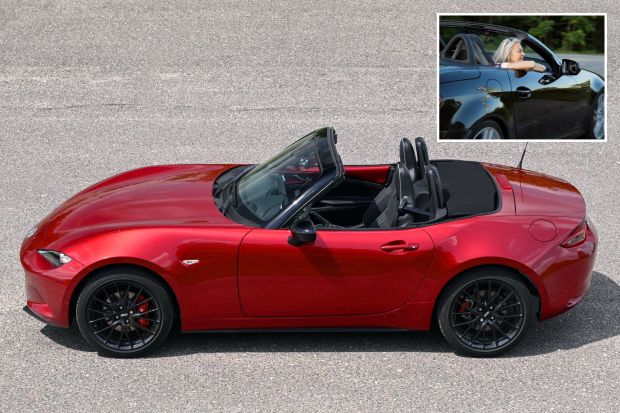 An image collage containing 2 images, Image 1 shows Red Mazda MX-5 convertible parked on a street, Image 2 shows Mature couple in a convertible car