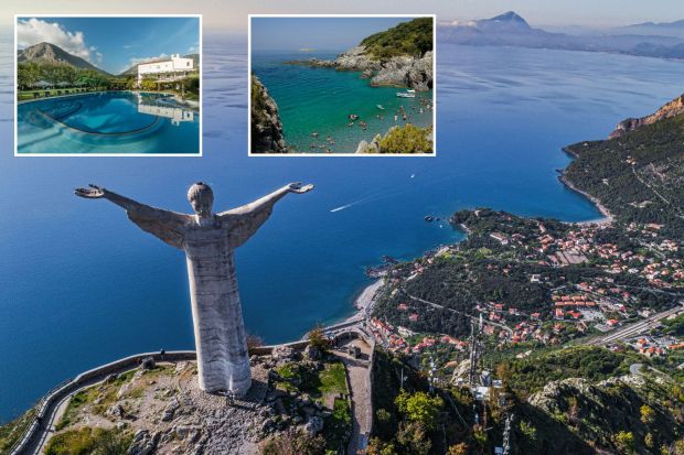 An image collage containing 3 images, Image 1 shows Aerial view of the Christ the Redeemer statue overlooking Maratea, Italy, Image 2 shows Hotel pool and building with mountain view, Image 3 shows People swimming and relaxing at a rocky beach in Maratea, Italy