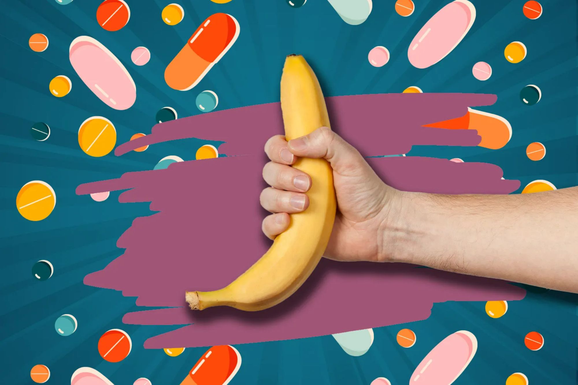 An image collage containing 1 images, Image 1 shows Hand holding a banana against a background of pills