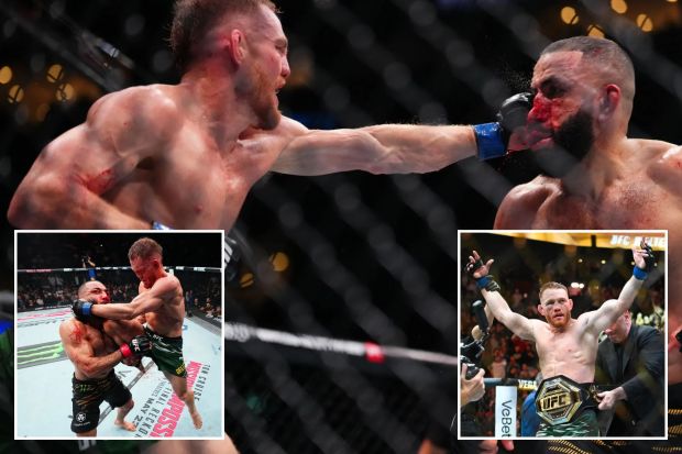 An image collage containing 3 images, Image 1 shows Jack Della Maddalena punches Belal Muhammad in a UFC welterweight championship bout, Image 2 shows UFC welterweight championship bout: Jack Della Maddalena knees Belal Muhammad, Image 3 shows Jack Della Maddalena celebrates his UFC welterweight title win
