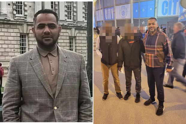 An image collage containing 2 images, Image 1 shows Photo of Ahmed Al-Doush, Image 2 shows Man posing with friends outside a stadium