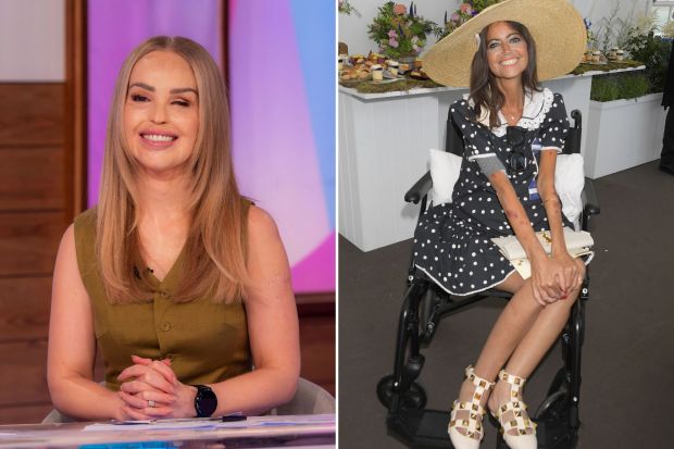 An image collage containing 2 images, Image 1 shows Katie Piper on the Loose Women TV show, Image 2 shows Woman in polka dot dress and wide-brimmed hat sitting in wheelchair at Royal Ascot