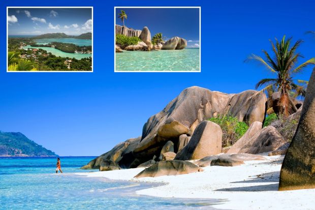 An image collage containing 3 images, Image 1 shows Person wading in shallow turquoise water on a white sand beach with large granite boulders and a palm tree, Image 2 shows Aerial view of Baie St Anne, Praslin, Seychelles, Image 3 shows Famous beach Anse Source d'Argent with palm trees, clear water and sculpted rocks, La Digue Island, Seychelles, Indian Ocean