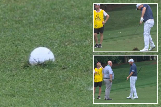 An image collage containing 3 images, Image 1 shows Golf ball on a green, Image 2 shows Golfer taking a shot on a golf course, Image 3 shows Golfer talking to a caddie and another man on the golf course
