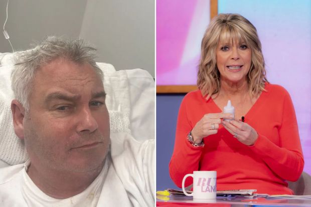 An image collage containing 2 images, Image 1 shows Eamonn Holmes in a hospital bed, Image 2 shows Ruth Langsford on the Loose Women TV show, holding a small bottle