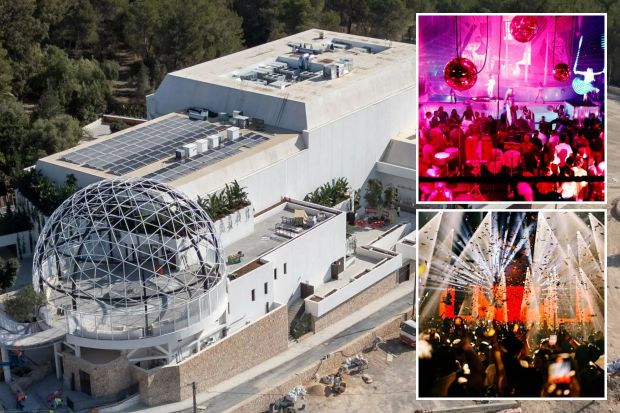 An image collage containing 3 images, Image 1 shows Aerial view of the UNVRS nightclub under construction in Ibiza, Image 2 shows Wide shot of Manumission at Privilege nightclub in Ibiza, Image 3 shows Crowd at Hï Ibiza nightclub celebrating its award as the world's number one club