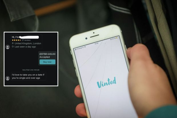 An image collage containing 2 images, Image 1 shows A hand holding a smartphone displaying the Vinted app, Image 2 shows Screenshot of a Vinted app conversation where a user received a dating proposition after accepting an offer for an Apple Pencil