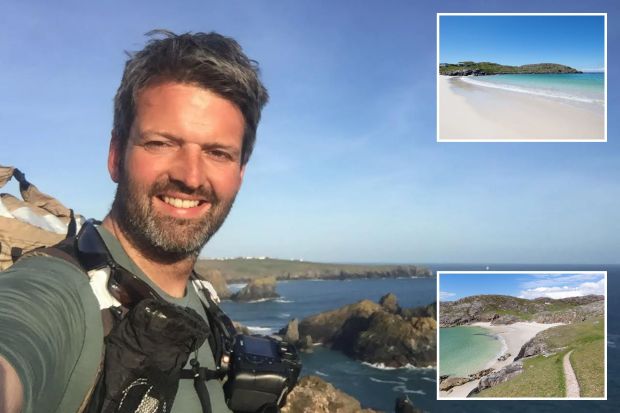 An image collage containing 3 images, Image 1 shows Man smiling for a selfie, wearing a backpack and camera, overlooking the ocean, Image 2 shows Scottish beach with white sand and turquoise water, Image 3 shows Scottish beach with white sand and clear water